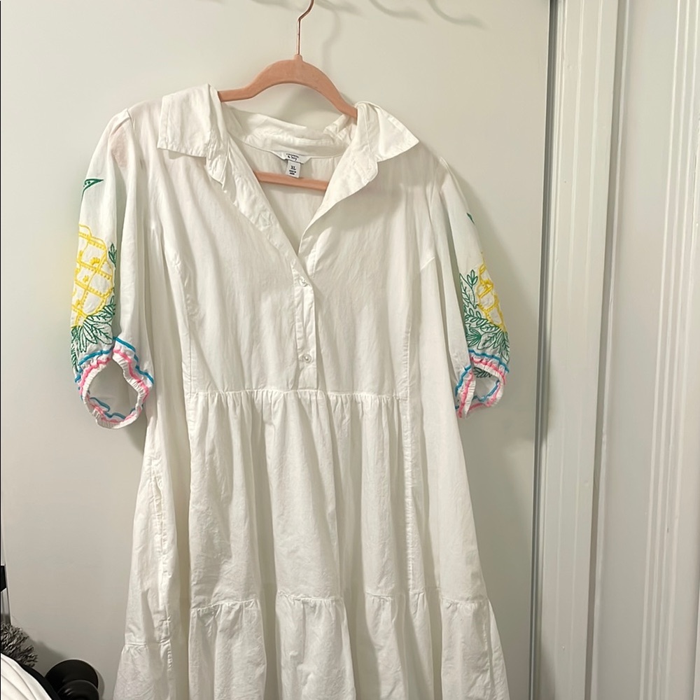 Crown & Ivy White Midi Dress with Embroidered Sleeves